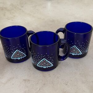 Vintage Cobalt Blue Festive Glass Mugs Set Made in USA